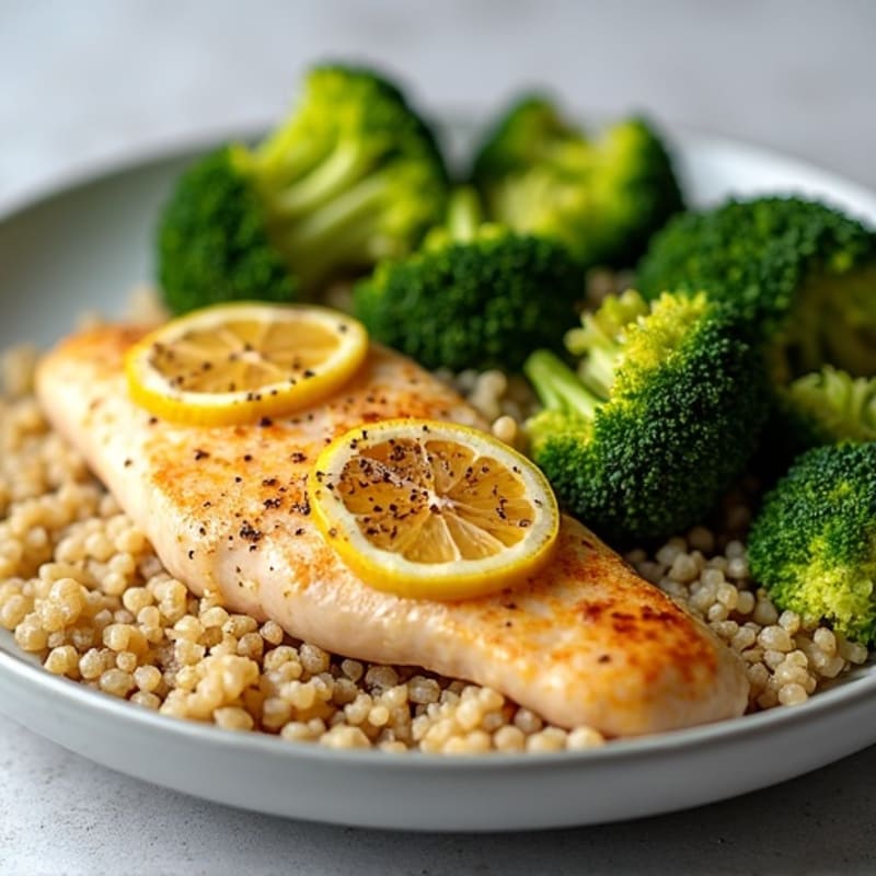 Lemon Pepper Chicken Breast with Quinoa and Roasted Broccoli