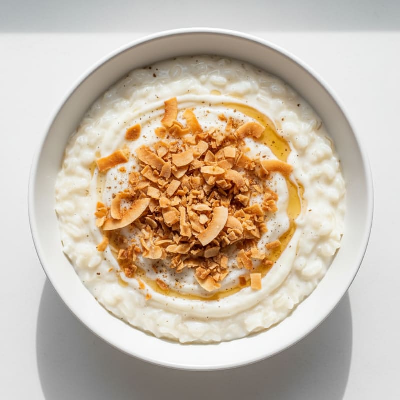 Protein Rice Pudding with Vanilla Whey and Toasted Coconut
