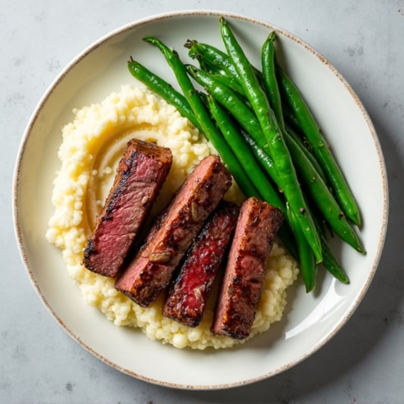 Seared Lean Beef Strips with Steamed Green Beans and Cauliflower Mash