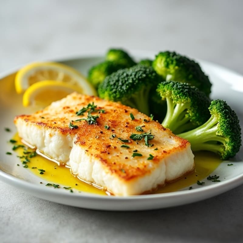 Seared Cod Fillet with Steamed Broccoli and Lemon