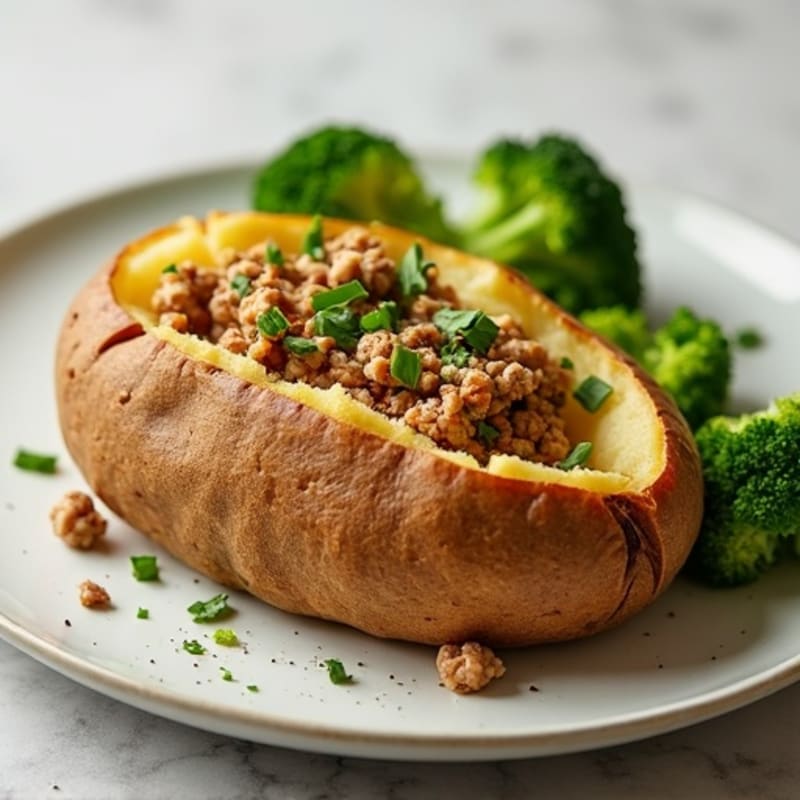 Fluffy Baked Potato with Savory Ground Turkey and Crisp Broccoli