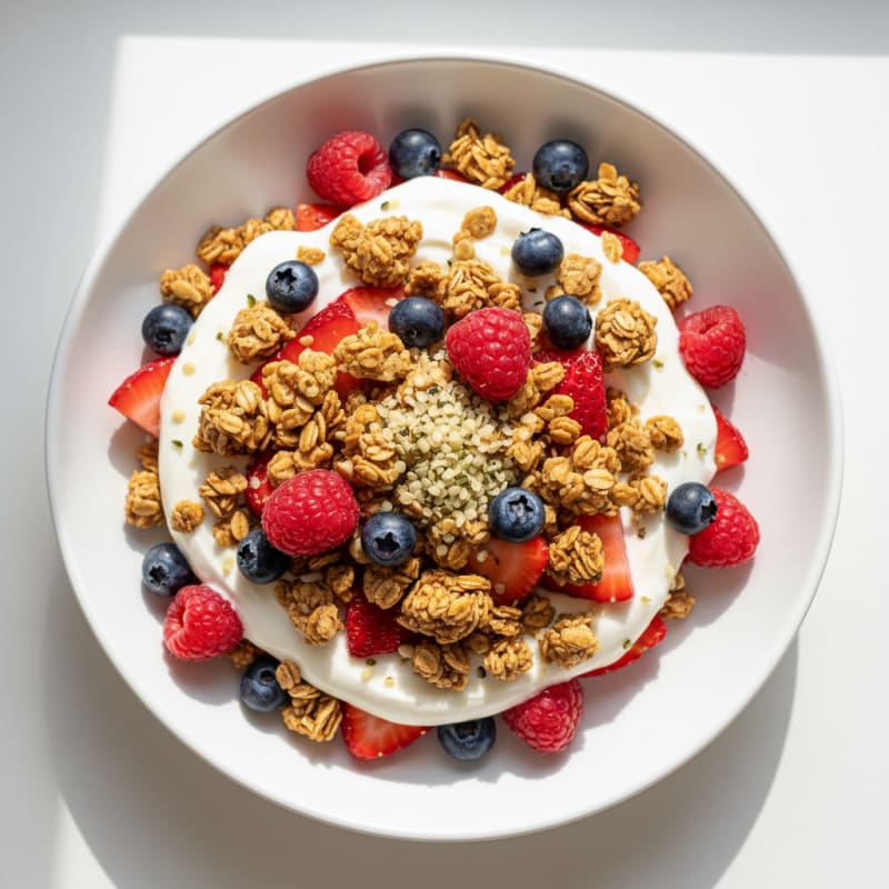 Greek Yogurt Parfait with Crunchy Almond Granola and Mixed Berries