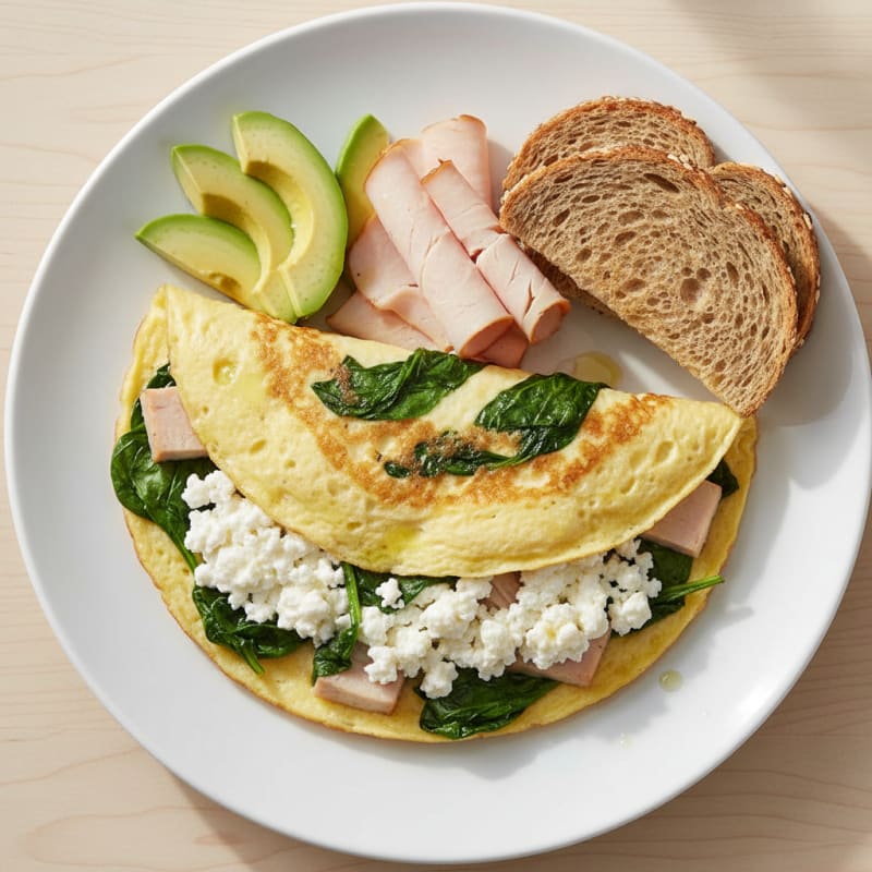 Egg White Spinach Omelette with Cottage Cheese and Sliced Turkey