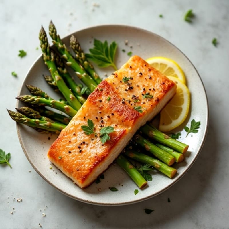 Pan-Seared Flaky Salmon with Lemon-Garlic Roasted Asparagus