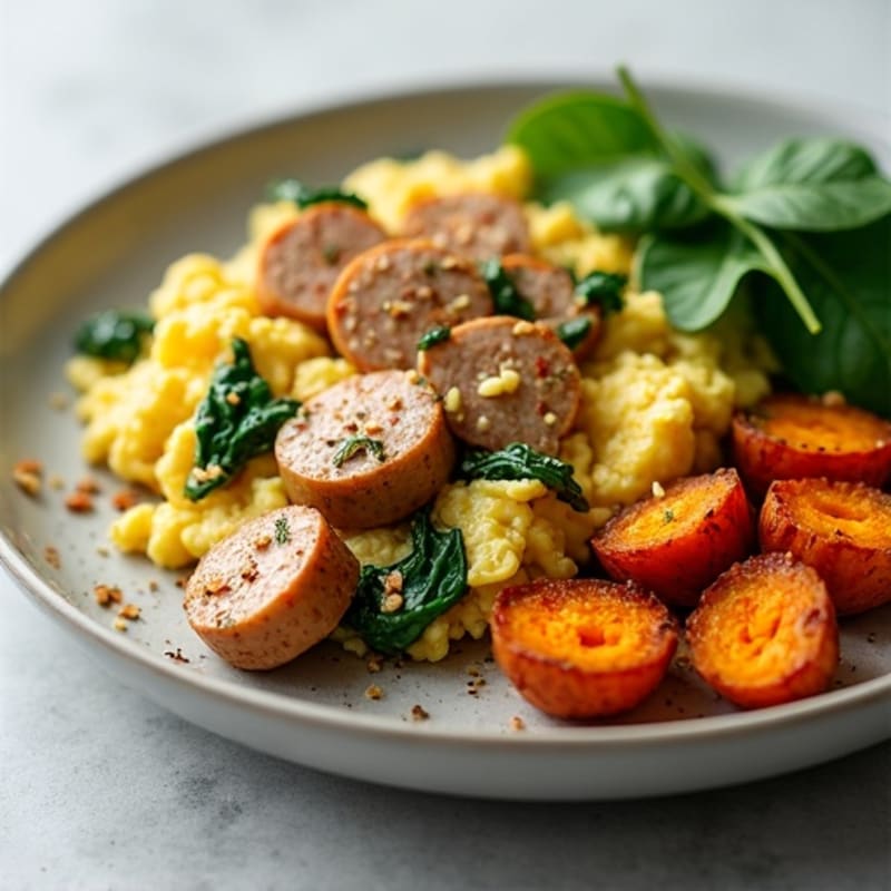 Egg White and Turkey Sausage Scramble with Spinach and Roasted Sweet Potato