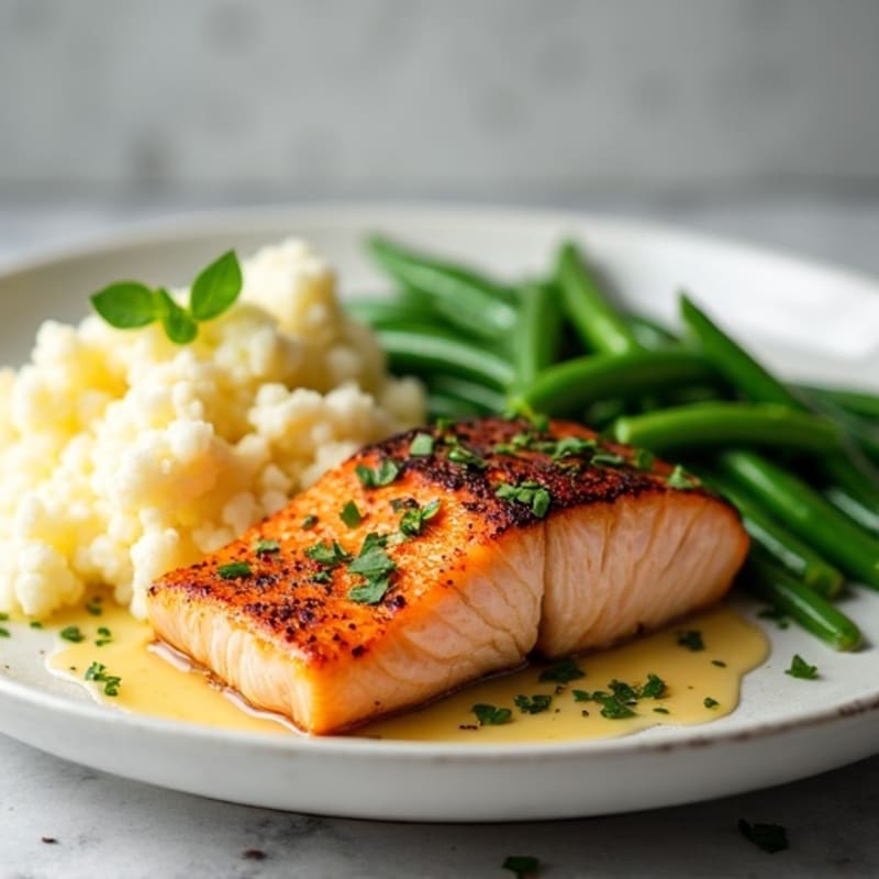 Seared Salmon with Steamed Green Beans and Garlic Mashed Cauliflower
