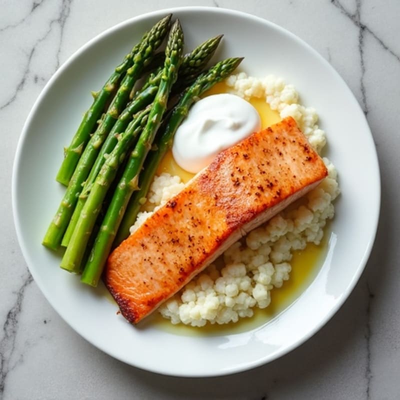 Seared Salmon Fillet with Steamed Asparagus and Cauliflower Mash