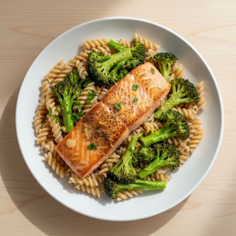 Seared Salmon with Lemon-Garlic Broccoli and Brown Rice Pasta