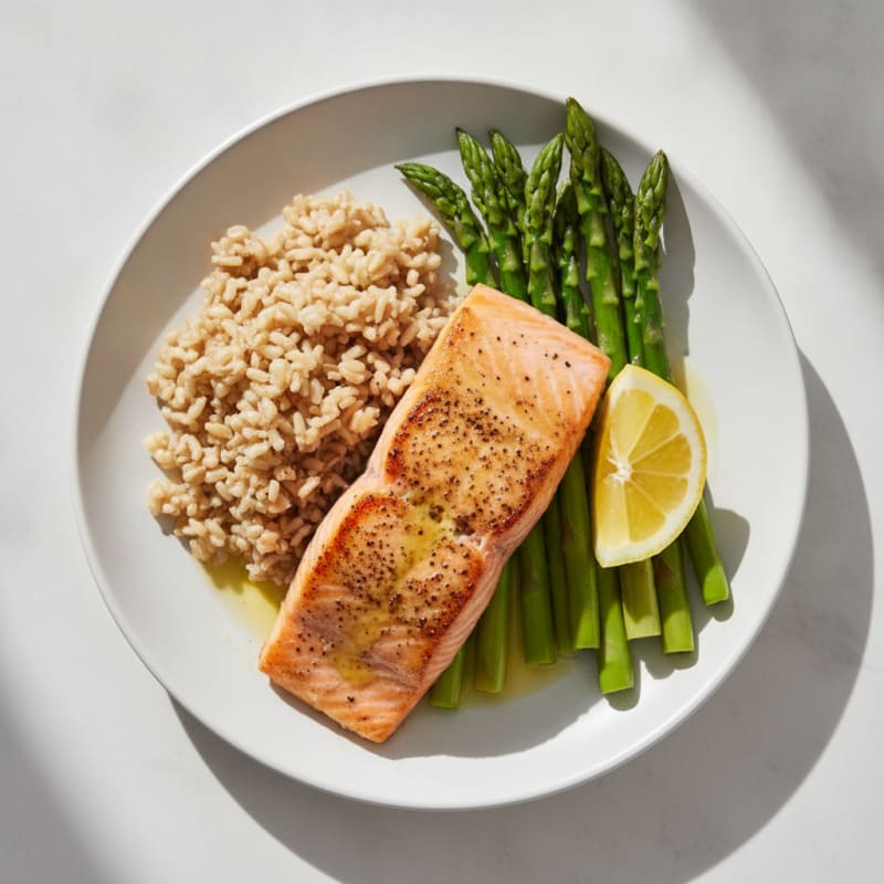 Seared Salmon with Steamed Asparagus and Brown Rice