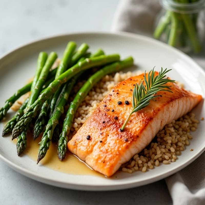 Seared Salmon with Steamed Asparagus and Brown Rice