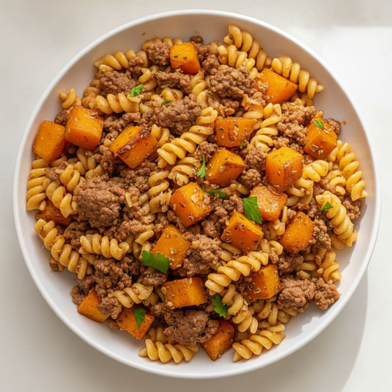 Roasted Vegetable and Beef Chickpea Pasta