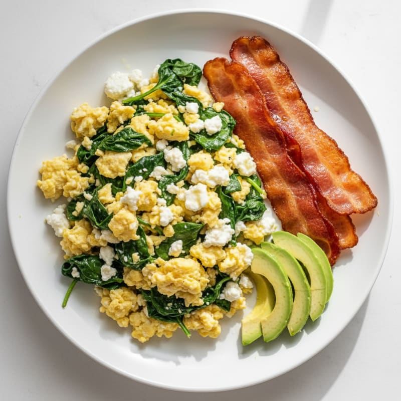 Cottage Cheese Egg Scramble with Spinach and Turkey Bacon