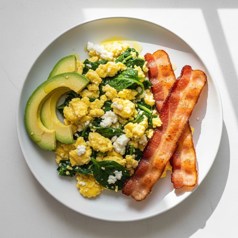 Cottage Cheese Egg Scramble with Spinach and Turkey Bacon