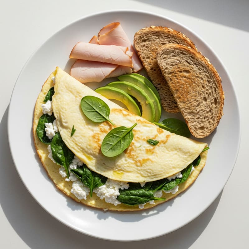 Egg White Spinach Omelet with Cottage Cheese and Sliced Turkey