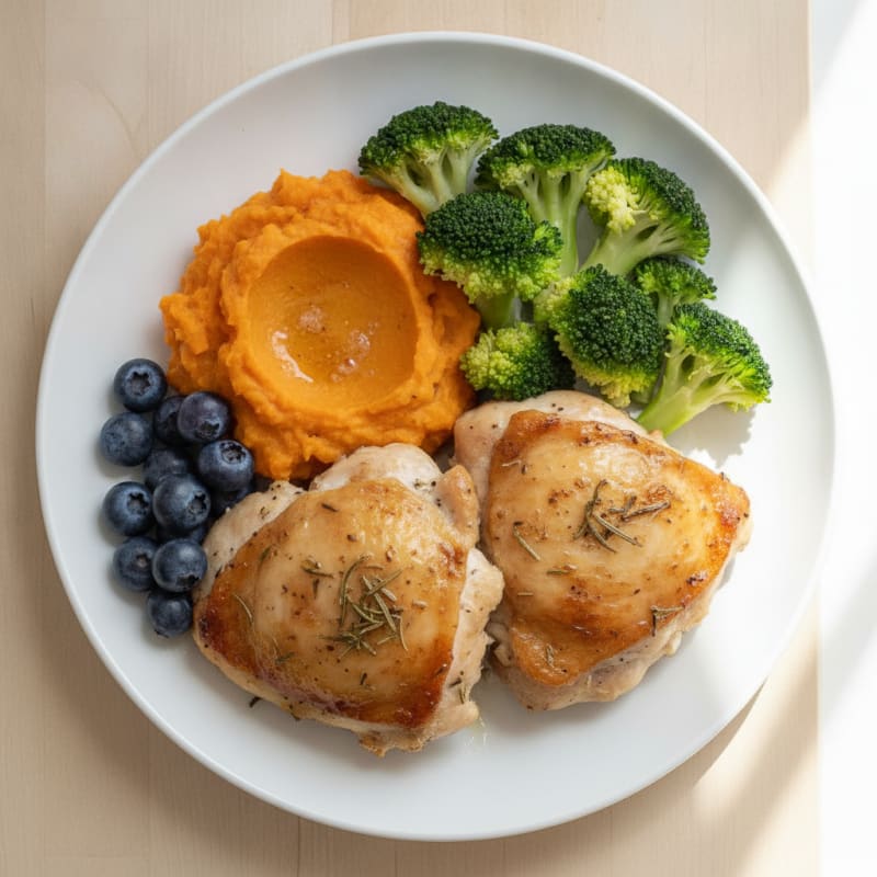 Oven-Baked Herb Chicken Thighs with Steamed Broccoli and Sweet Potato Mash