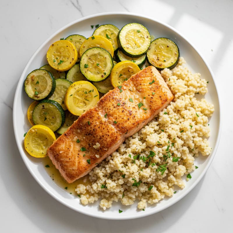 Pan-Seared Salmon with Roasted Vegetables and Couscous