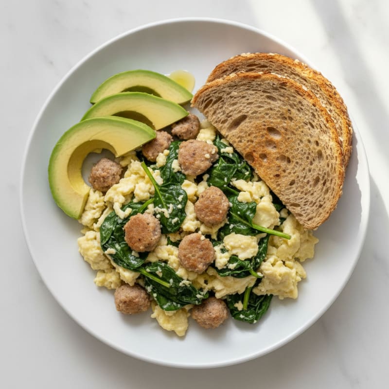 Egg White Spinach Scramble with Turkey Sausage