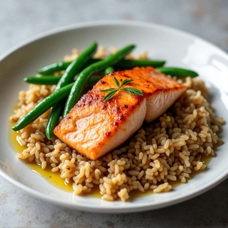 Seared Salmon with Garlic Green Beans and Brown Rice