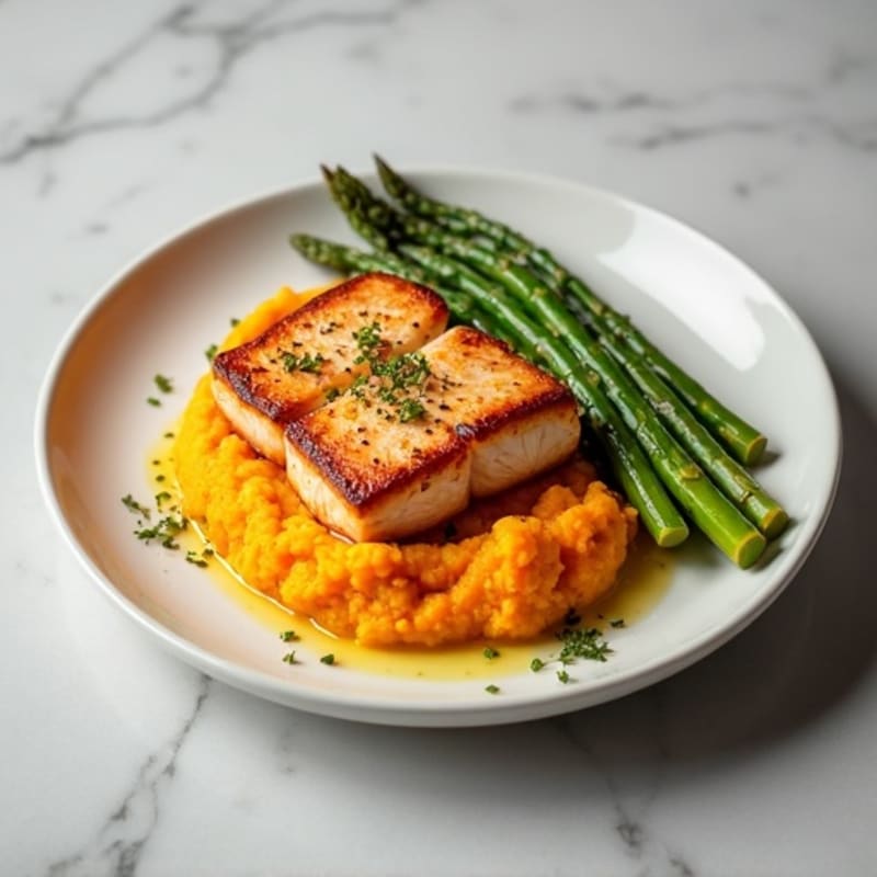 Seared Salmon Fillet with Sweet Potato Mash and Steamed Asparagus