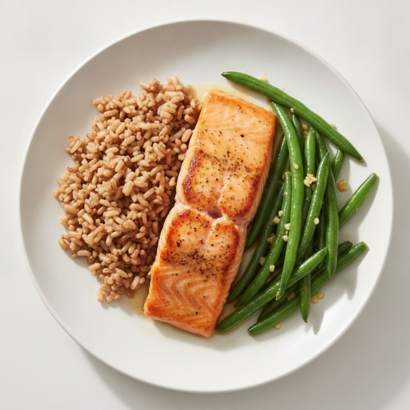 Seared Salmon Fillet with Garlic Green Beans and Brown Rice