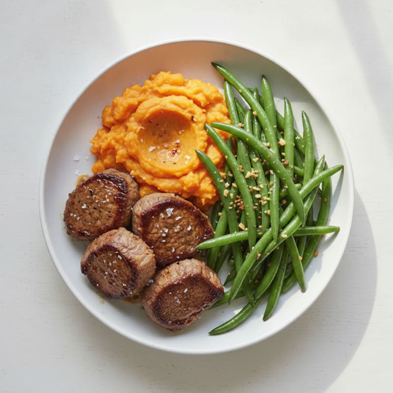Seared Lean Beef with Garlic Green Beans and Sweet Potato Mash