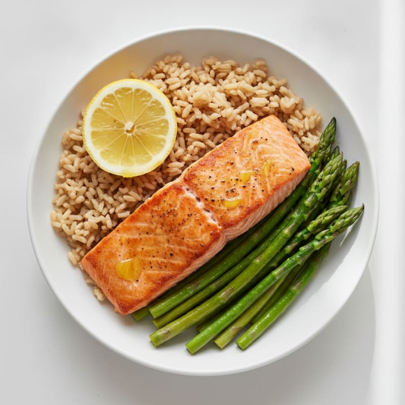 Seared Salmon Fillet with Steamed Asparagus and Brown Rice
