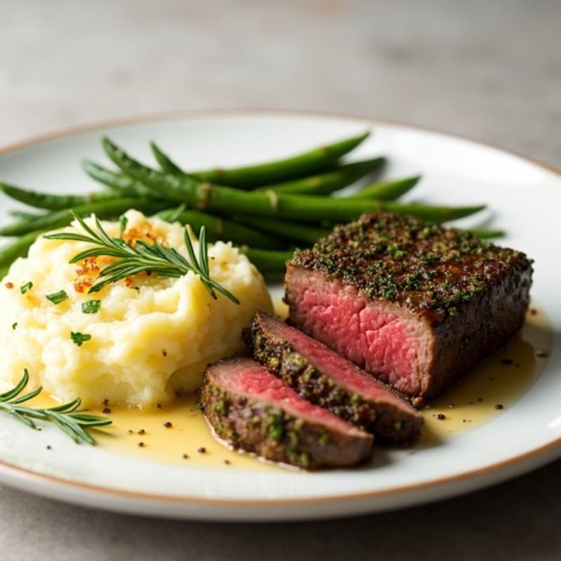 Herb-Crusted Sirloin with Garlic Smashed Potatoes