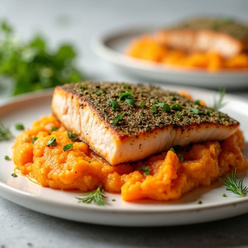 Herb-Crusted Salmon with Garlic Mashed Sweet Potatoes