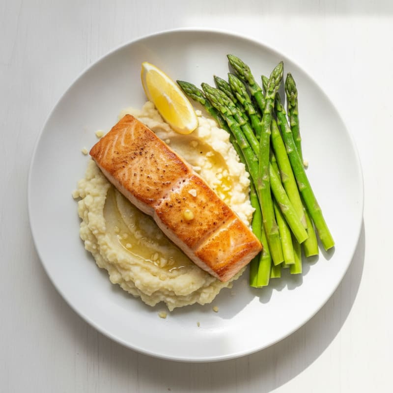 Seared Salmon with Steamed Asparagus and Garlic Cauliflower Mash