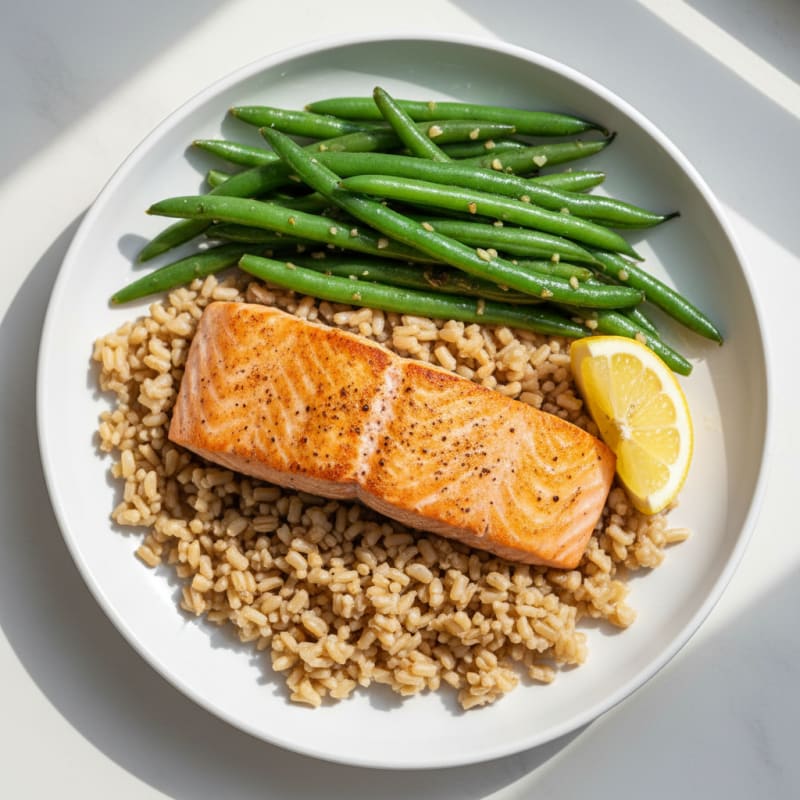 Seared Salmon Fillet with Garlic Green Beans and Brown Rice