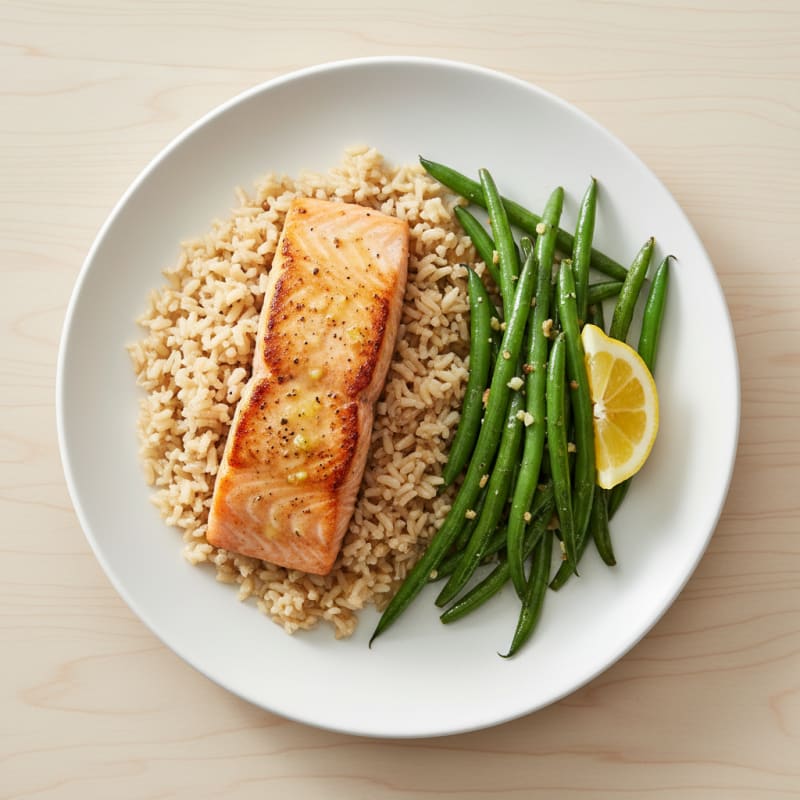 Seared Salmon with Garlic Green Beans and Brown Rice