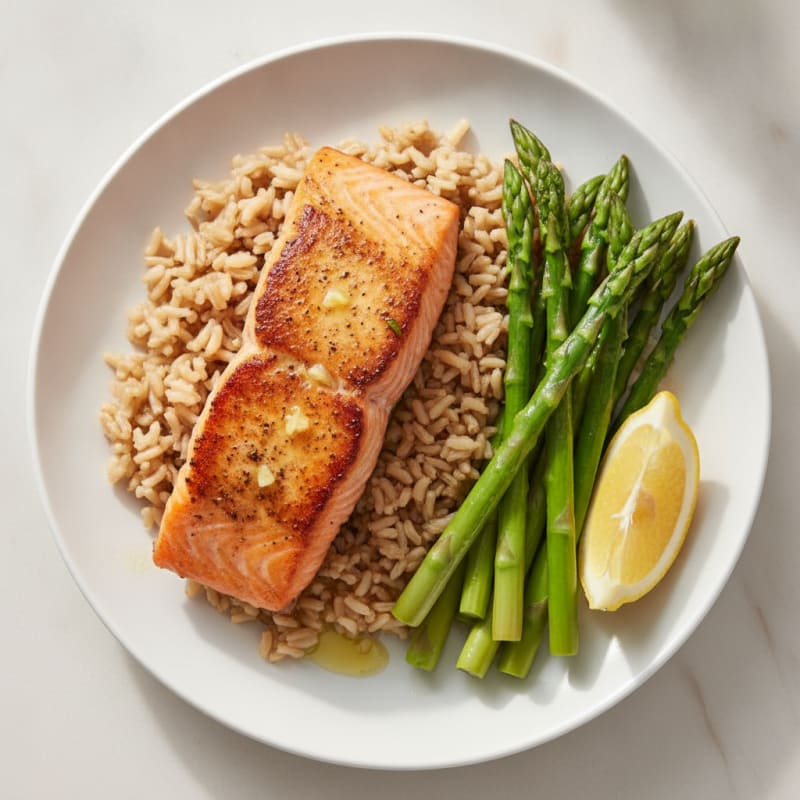Seared Salmon with Steamed Asparagus and Brown Rice