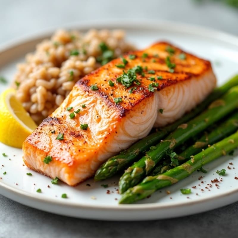 Seared Salmon with Steamed Asparagus and Brown Rice