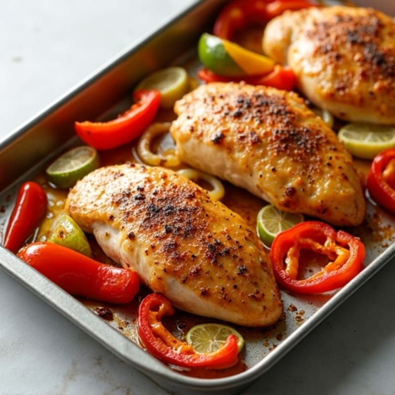 Sheet Pan Spicy Lime Chicken with Roasted Peppers and Onions