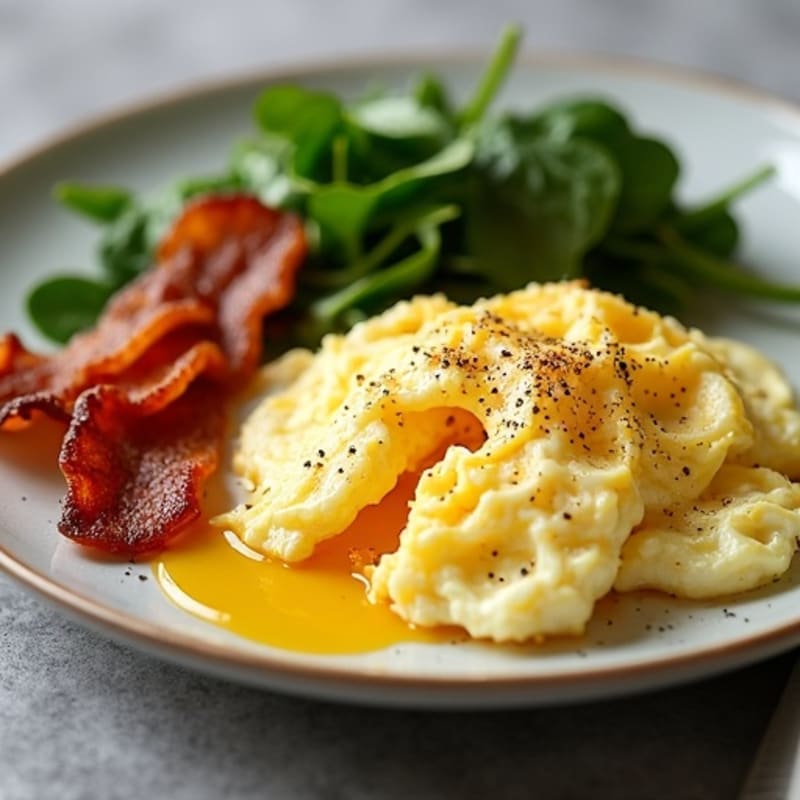 Fluffy Eggs with Crispy Turkey Bacon and Fresh Wilted Greens
