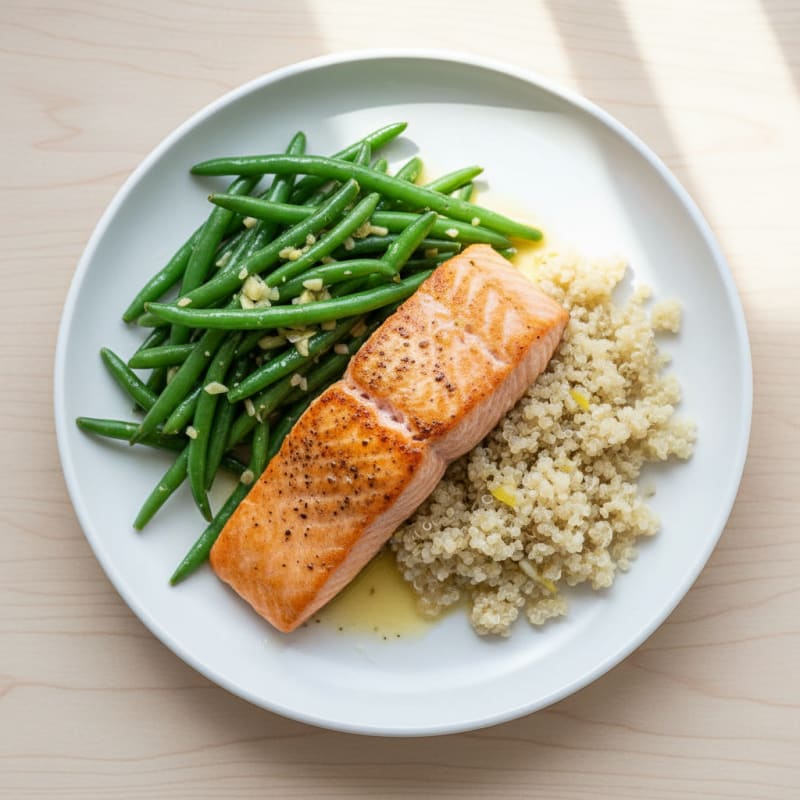 Seared Salmon with Garlic Green Beans and Quinoa