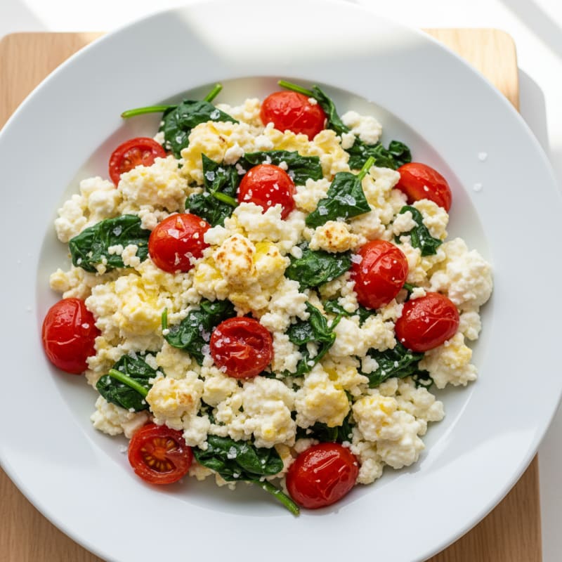 Cottage Cheese Egg White Scramble with Spinach and Cherry Tomatoes