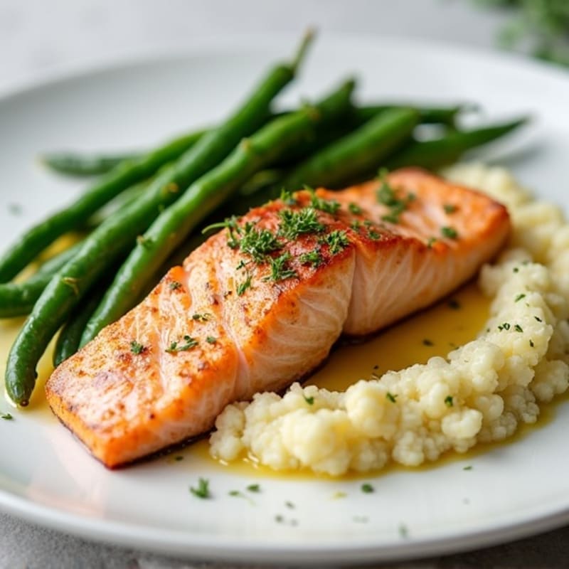 Seared Salmon with Garlic Green Beans and Cauliflower Mash