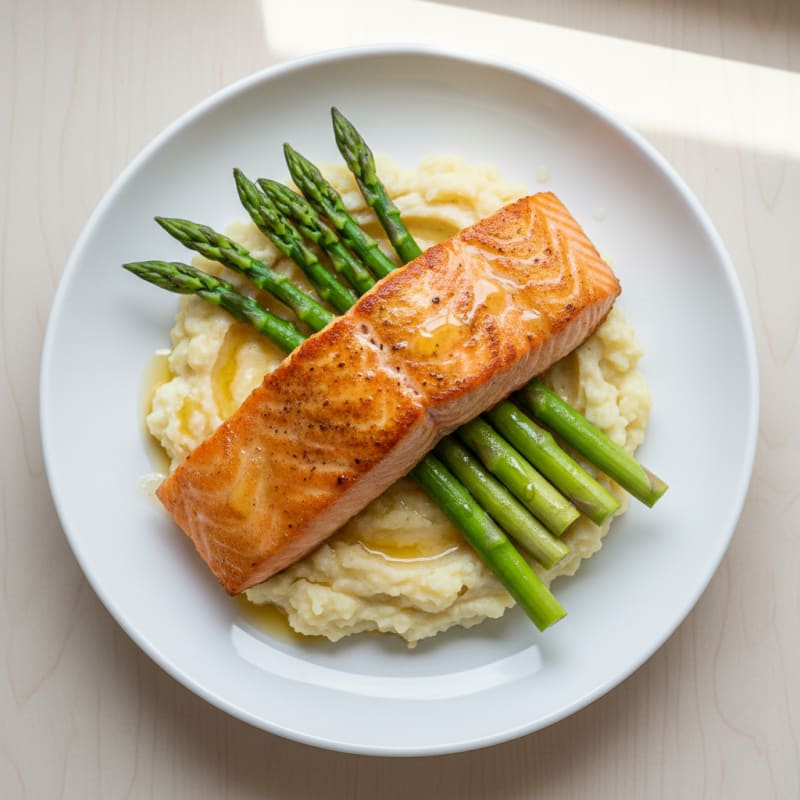 Seared Salmon with Steamed Asparagus and Garlic Cauliflower Mash