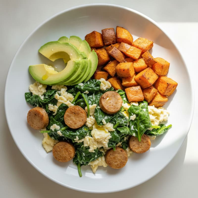 Egg White Scramble with Turkey Sausage and Sautéed Spinach