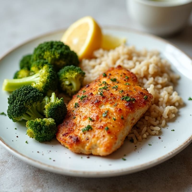 Crispy Lemon Garlic Chicken with Roasted Broccoli and Brown Rice