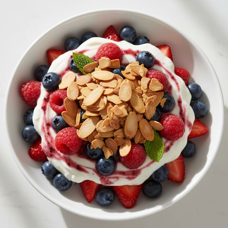 Greek Yogurt Protein Parfait with Mixed Berries and Almonds
