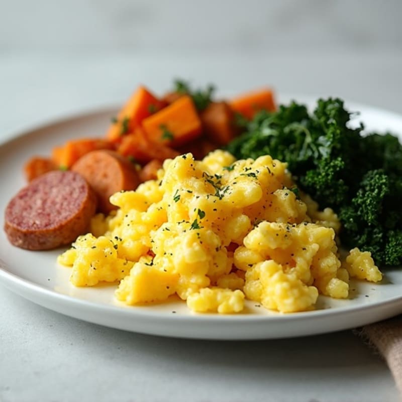 Hearty Scrambled Eggs with Sautéed Greens and Crispy Sweet Potato Hash