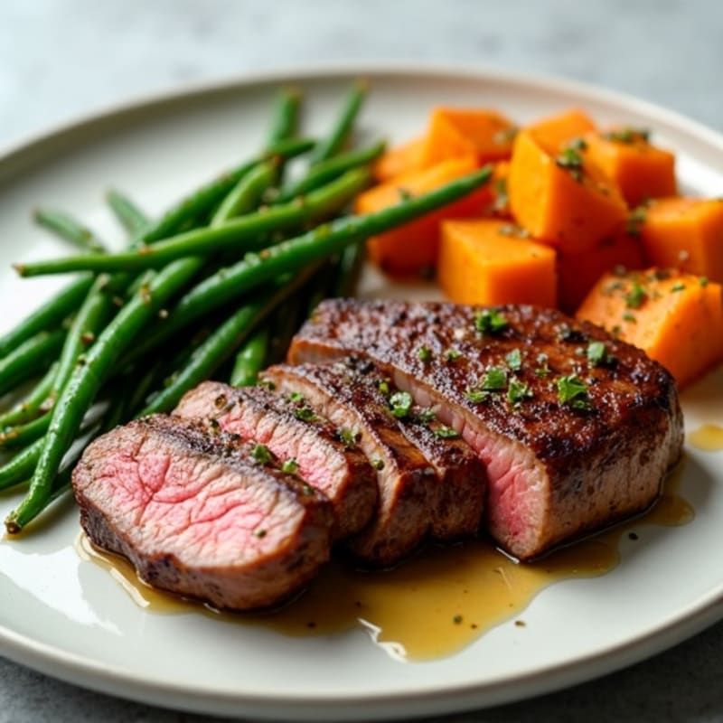 Seared Steak with Garlic Green Beans and Roasted Sweet Potatoes