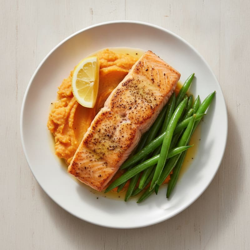 Seared Salmon Fillet with Steamed Green Beans and Sweet Potato Mash