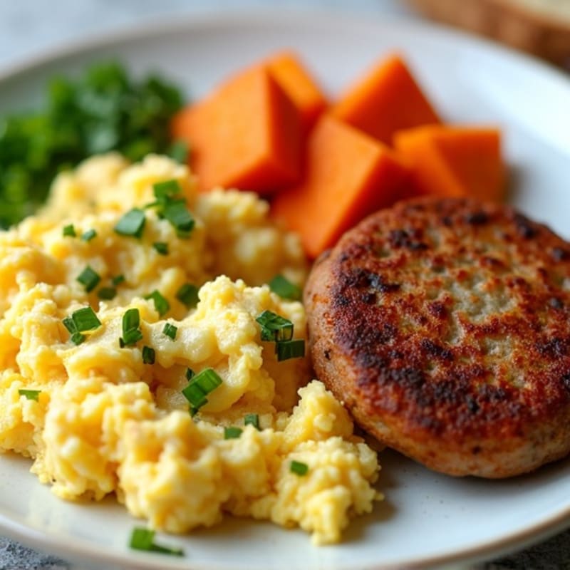 Egg White and Turkey Sausage Scramble with Roasted Sweet Potatoes