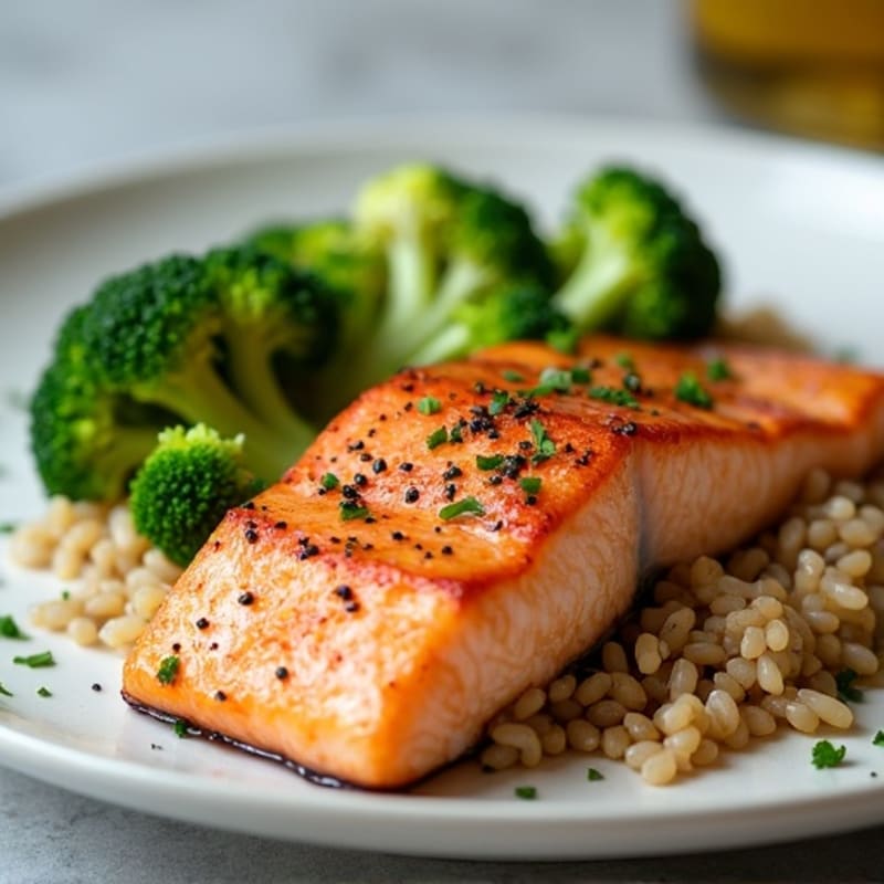 Seared Salmon with Steamed Broccoli and Brown Rice