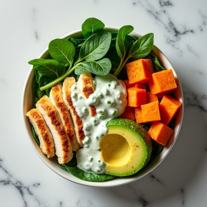 Creamy Chicken and Roasted Sweet Potato Power Bowl