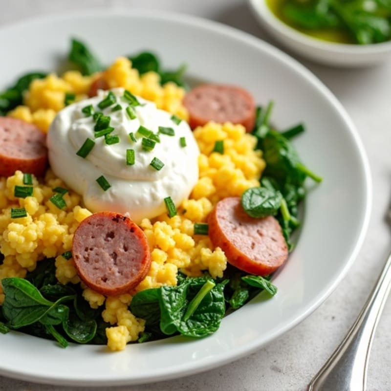 Egg White and Turkey Sausage Scramble with Cottage Cheese and Spinach