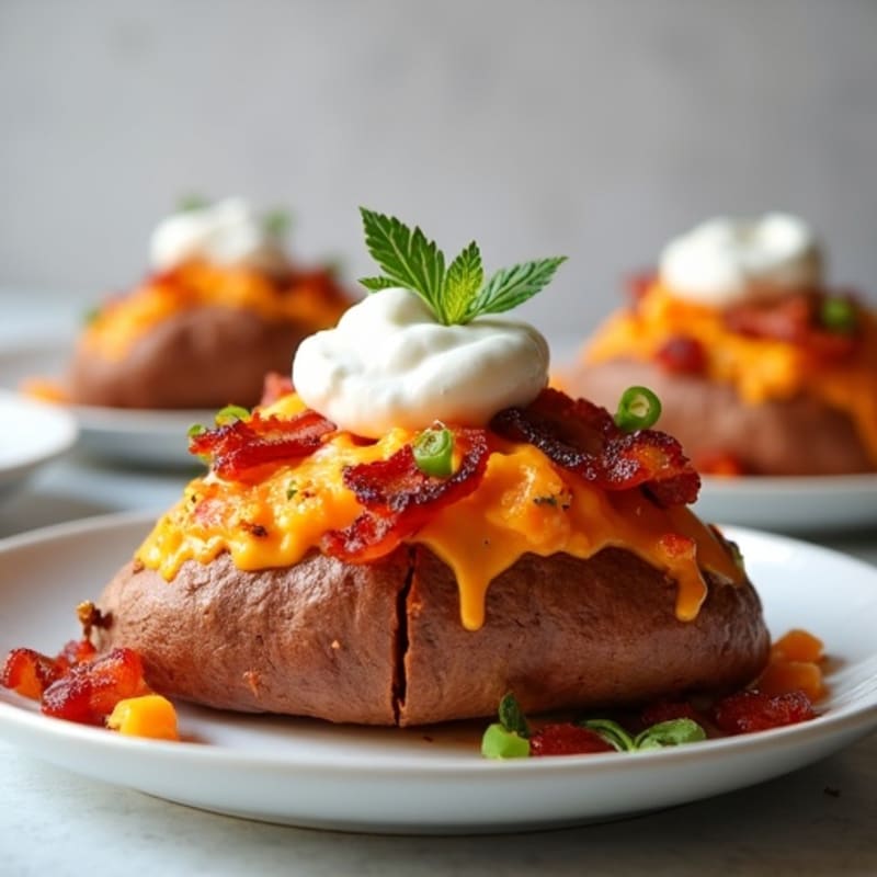 Loaded Baked Sweet Potato with Crispy Bacon and Creamy Cheese